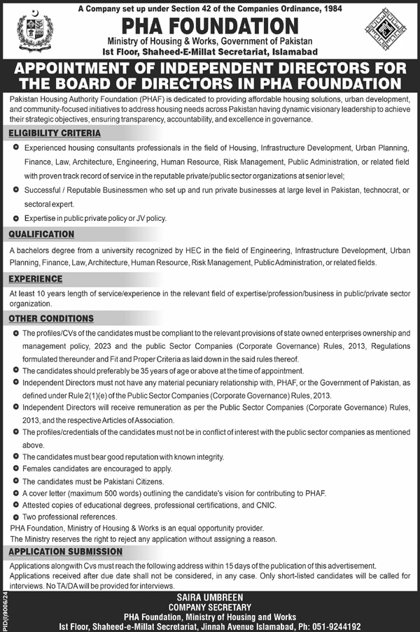 Ministry of Housing & Works Department Islamabad Tender Notice